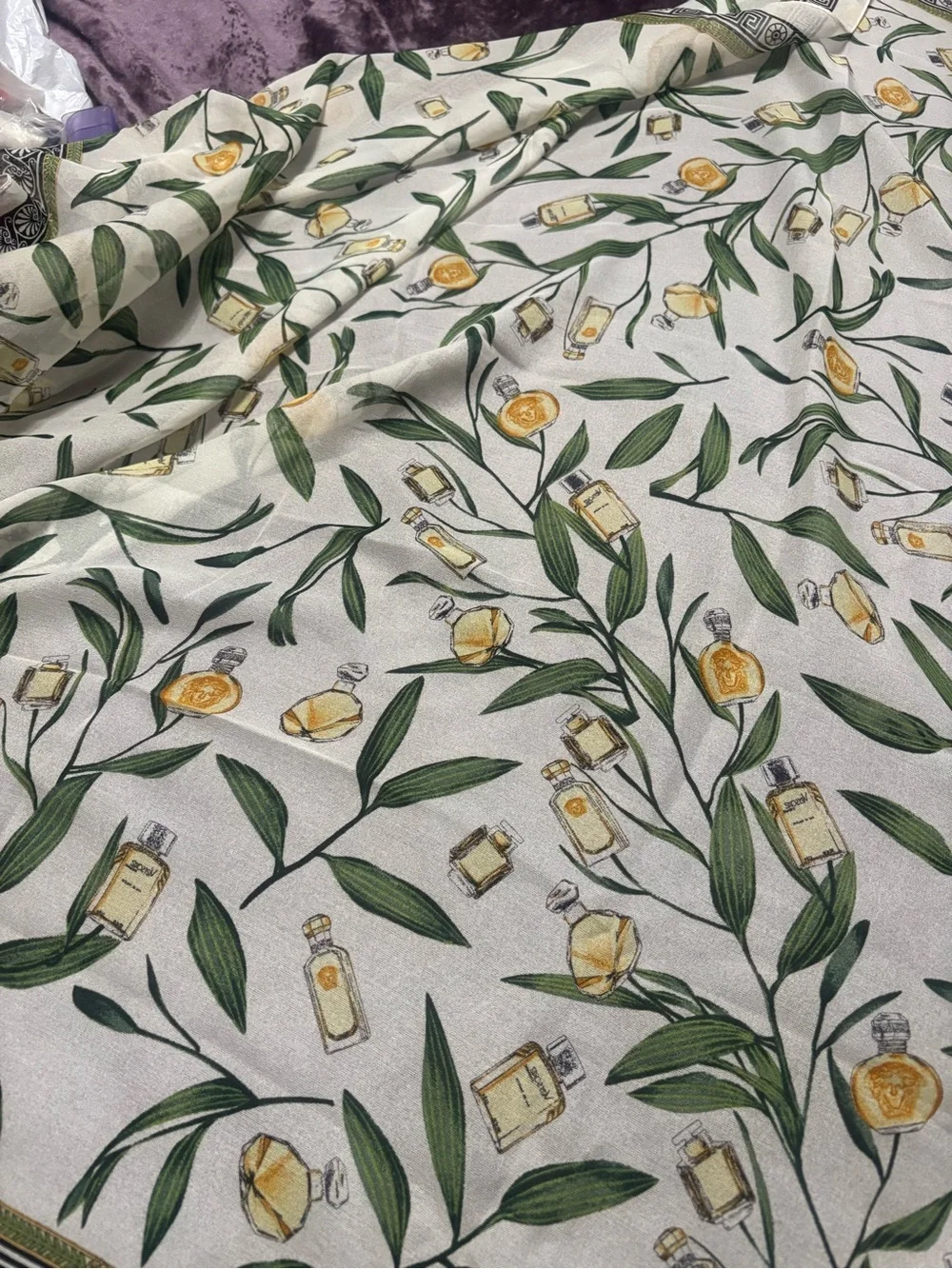 Versace botanical Perfume Bottle Print in Green and Gold. Size 32x32